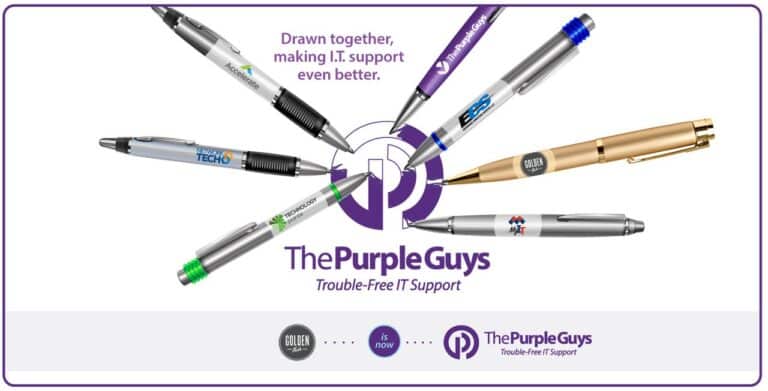 Pens with Company names filling in The Purple Guys logo